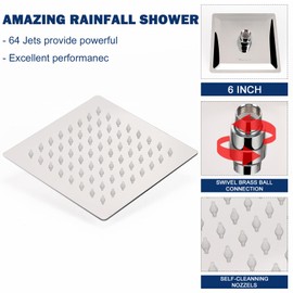 NearMoon Rain Shower Head, High Flow Stainless Steel Square Rainfall Shower, High Pressure Design, Awesome Shower Experience Even At Low Water Flow (6 Inch, Chrome Finish)