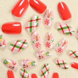 Christmas Press on Nails Short Fake Nails Square Nails Press ons Red False Nails with Elk Christmas Tree Snowflase Designs Full Cover Glue on Nails Short Stick on Nails for Women 24Pcs