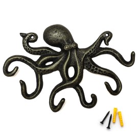 ChasBete Key Holder for Wall, Octopus Wall Hooks Decorative for Hanging, Cast Iron Coat Hooks/Towel Hooks with 6 arms - Bronze