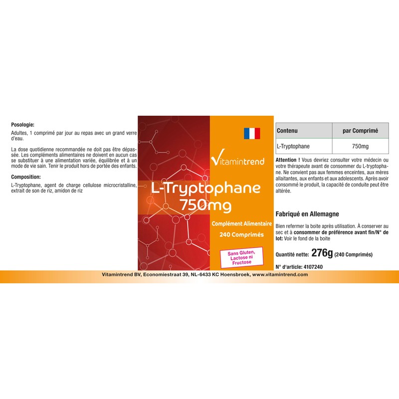 L-Tryptophan 750 mg – 240 Vegan Tablets – High Dosage,