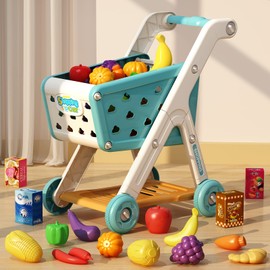 Jovow 98pcs Kids Shopping Cart Trolley Play Set with Pretend Food and Accessories,Perfect for Ages 3+ Pretend Play and Role-Playing Games
