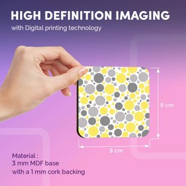 Destination Vinyl ltd Great Coasters (Set of 4) Square - Yellow Grey Large Dots Pattern Print Drink Glossy Coasters/Tabletop Protection for Any Table Type #46501
