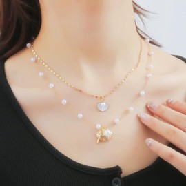 JHJEWH Gold SeaShell Necklace,Layer Charm Necklace for Women,Layered Sequins Starfish Seashell Choker,Beach Jewelry for Women