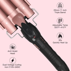 DAN Technology 3 Barrel Curling Iron Hair Crimper for Women, Dual Voltage Hair Waver Adjustable Temperature, Ceramic 1 inch Curler Wand, Rose Gold