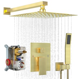 ShiureBath 12 Inch Shower Faucet Set, Rainfall Shower System with Square Fixed Shower Head and High Pressure Handheld Shower Head, Spray Wall Mounted Rainfall Shower Fixtures, Brushed Gold