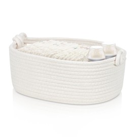GLCON Small Rope Basket for Organizing, Gifting - Decorative Basket for Gifts Empty - Cute Woven Gift Basket - Dog Cat Toy Box - Toy Organizer Basket Baby Nursery Bin - White Storage Basket with Handle