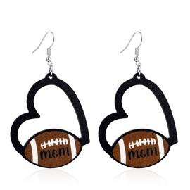 MOM Wooden Heart Pendant Earrings with Basketball Football Volleyball Softball Baseball Sports Theme Mother's Day Jewelry Gifts-Football