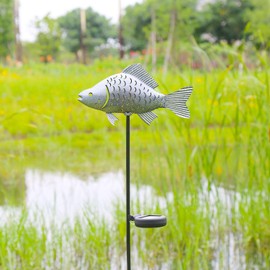 KAIXOXIN Solar Garden Lights Metal Fish Decorative Stake for Outdoor Patio Yard Decorations,Warm White LED Solar Path Lights (Silver-1)