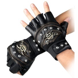 Steampunk Gothic Gloves Men's Vintage Genuine Leather Captain Fingerless Mittens (B Black)(Size: One Size)