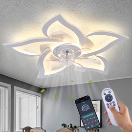 Ruibutrade White Flower Modern CeilingFans with Lights, Low Profile Ceiling Fan with Remote for Bedroom, Flush Mount Ceiling Fan with LED Dimmable Light,3-Colors, 6-Speeds, Timing CeilingFan Light