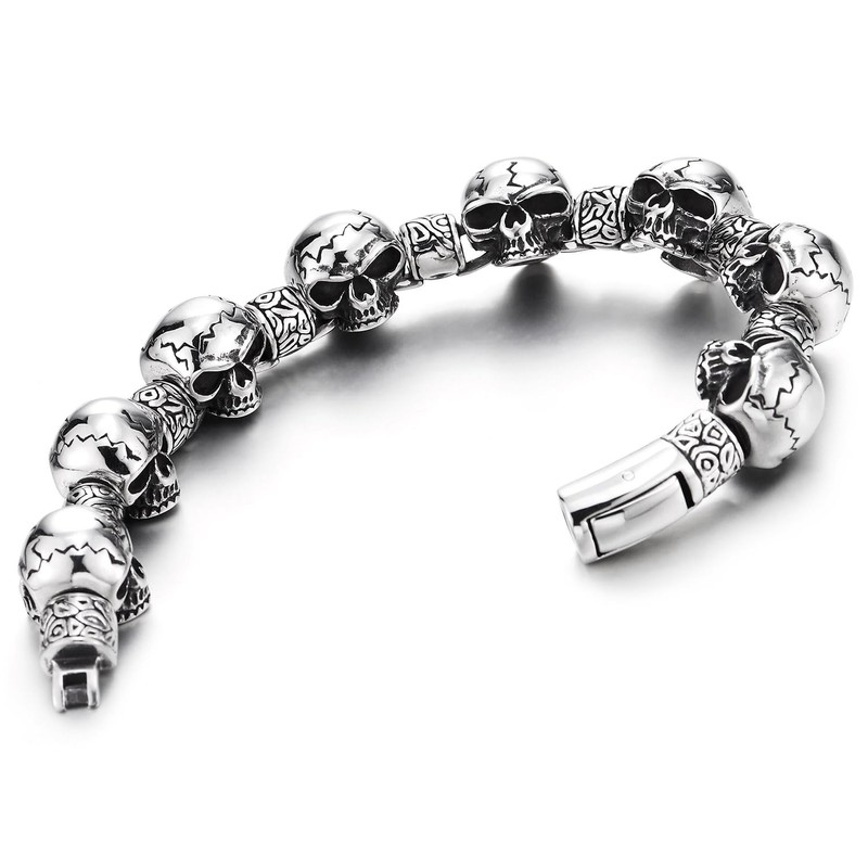 COOLSTEELANDBEYOND Men's Stainless Steel Skull Bracelet, Gothic Punk Biker Chain