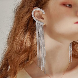 Rhinestone Chain Climber Earrings for Women Crystal Tassels Ear Crawler Earrings Fashion Ear Wrap Earrings for Women Silver Plated