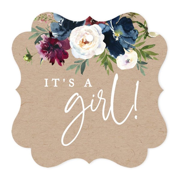 Andaz Press Kraft Brown with Burgundy Midnight Blue Florals Fall Baby Shower Party Collection, Fancy Frame Gift Tags, It's a Girl!, Floral Bouquet Graphic Design, 24-Pack