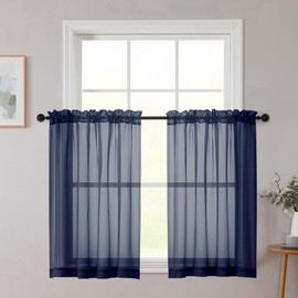 WelvetBLK Cafe Curtains 36 Inch Length Tier 2 Pieces, Modern Soft Airy Sheer Kitchen Short Curtains for Small Window, Rod Pocket Small Curtain for Bathroom Basement, Navy Blue, Each, 42"Wx36"L Inches