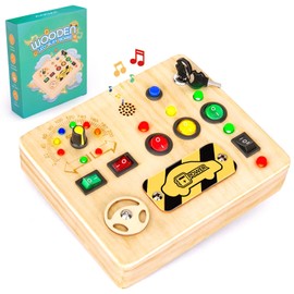 OAKJAR Busy Board for Toddler, Montessori Toys with LED Light, Wooden Sensory Toys for Toddler Activity for 1-6 Year Old Boys & Girls, Christmas & Birthday Gift for Toddler（Car）