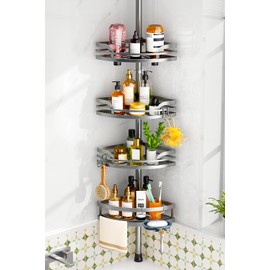 HAMITOR Shower Caddy Tension Pole：4-Tier Rustproof Bathroom Corner Shelf for Renters - 47-121inches Adjustable Bathtub Organizer with Soap Holder-large capacity rack for Shampoo Storage Home Accessory