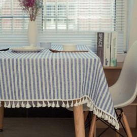 meioro Tablecloths Striped Tassel Table Cloth Rectangular Tablecloth Cotton Linen Table Cover Suitable for Home Kitchen Decoration (Blue/White Stripes, 120×160cm)