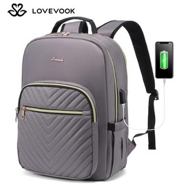 LOVEVOOK Fall Backpack with USB Port, Spring Glow Up Quilted Casual Work Bags for Women with Laptop Compartment, Daypack College Business Teacher Computer Bag Travel Bags Laptop bag Carry on Backpack:_Purple Grey_15.6"