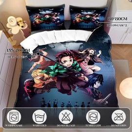 WlsqDE Demon Slaye Bed Linen, Demon Slaye Bed Linen, 135 x 200 cm, Anime Duvet Cover Set Includes 80 x 80 cm Pillowcase, Microfibre, Comfortable and Soft, for Teens, Boys and Girls, Duvet Cover