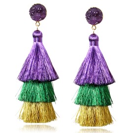 Me&Hz Mardi Gras Earrings for Women Dangling Purple Green Gold Tinsel Layered Tassel Large Bling Mardi Gras Dangle Earrings Carnival Party Mardi Gras Outfit Jewelry Gift