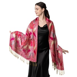 Achillea Women’s Paisley Pattern Sparkling Metallic Pashmina Shawl Wrap Scarf Stole (Fuchsia Pink)