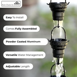 Rain Chains by JASINC 8.5 ft Layer Cups Black Powder Coated, to Replace Roof Gutter Downspout, with Installation Kit, Rainwater Catcher/Water Diverter, JAS3008BLK