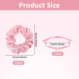 BRIOYHA Coquette Party Favors Set,12 Pink Hair Scrunchies with 12 Bow Bracelets, 24Pcs Pink Coquette Accessories for Girls Birthdays, Sleepovers, Bachelorette & Cheerleading Teams