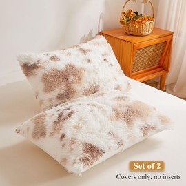 XeGe Cheetah Print Faux Fur Fluffy Pillowcases, Plush Shaggy Soft Long Pillow Covers, Fuzzy Decorative Leopard Print Pillow Cases, Furry Pillow Shams for Bed Couch Zipper, Set of 2(King, Brown)