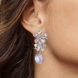Cybche Boho Crystal Flower Dangle Earrings Silver Pearl Drop Earrings Gemstone Floral Earrings Cz Flower Pearl Earrings Crystal Daisy Earrings Jewelry for Women