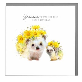 Lola Design - Birthday Cards for Grandmothers, Hedgehogs Design, Grandma You're The Best - Blank Birthday Card with Grey Envelope - Designed and Printed in the UK - 150mm x 150mm