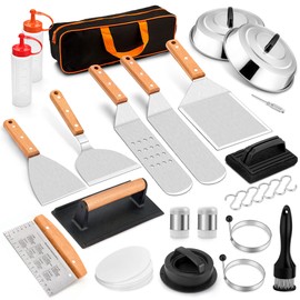 21Pcs Griddle Accessories Kit, Leonyo Stainless Steel Flat Top Grill Accessories, Outdoor BBQ Metal Spatula Tools Set with Melting Dome, Bacon Press, Burger Patty Maker, Meat Tenderizer