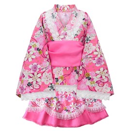 ReliBeauty Yukata Dress, Children, Girls, Separate, Lace, Ruffle, 100% Cotton, Fireworks Festival, Summer Festival, Stylish, Cute, Floral Pattern, Pink, 110
