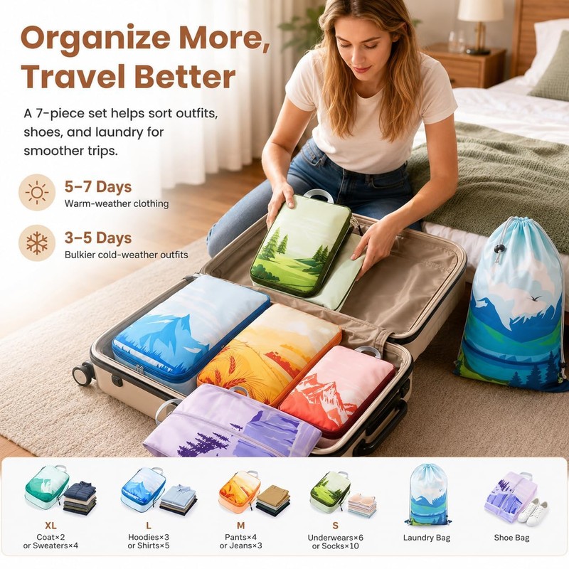 7-Piece Compression Packing Cubes for Travel, Patterned Expandable Luggage Organizer