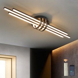 Garwarm Modern Ceiling Light Fixture,39.4 Inch Black Kitchen Lights Ceiling, Linear Dimmable LED Chandelier Remote Control for Dining Room Living Room Bedroom