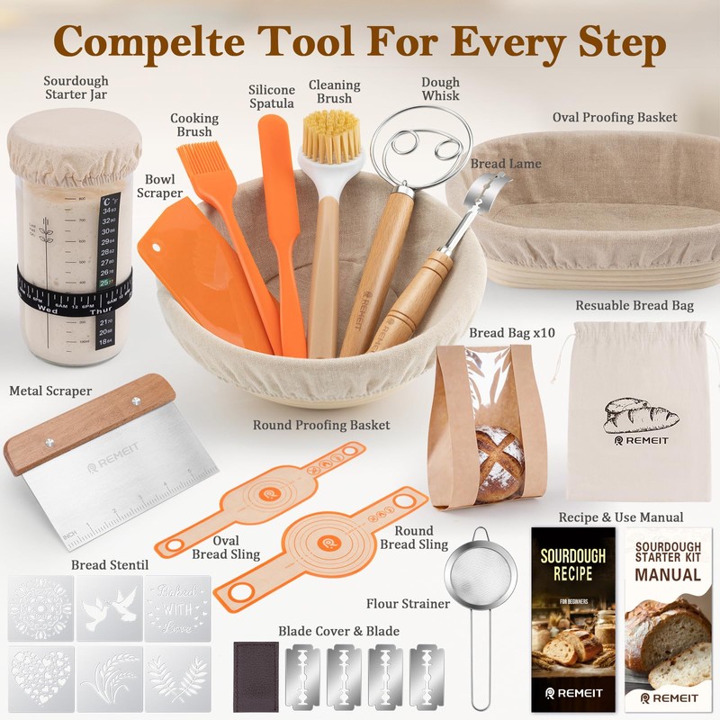 REMEIT Sourdough Starter Kit with Banneton Bread Proofing Basket Set,