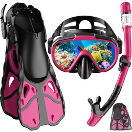 Vengreedo Snorkel Set with Fins for Adults, Snorkeling Gear for Adults Men and Women, Snorkle, Mask Set Adults Dry Top Snorkel Mask Combo Set with Travel Bag for Snorkeling, Diving, Swimming, Red