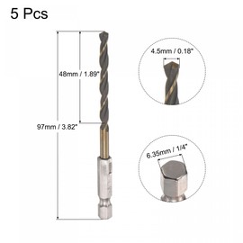 sourcing map 5 Pcs High Speed Steel Hex Shank Twist Drill Bit, 4.5mm Drilling Dia with 1/4 Inch Hex Shank 97mm Length