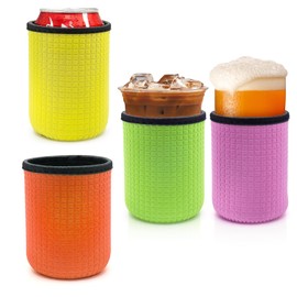4 X Cooler Sleeve Raffredda Lattina 7 x 10 cm - Raffreddalattina in Neoprene Isolante Rosa/Arancione/Giallo/Verde Scuro - Cooling Bag Fredda Lattine Birra Cola
