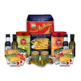 Imported Italian Dinner for Two Meal Kit - Basil Pesto, Ricotta & Peppers Pesto, Pasta, Seasonings and Sweets Gift Box