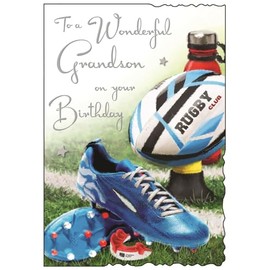 Grandson Birthday Card - Wonderful Grandson - Sporty Rugby Design - Special Finishes and Illustrated Insert Leaf - Made in the UK