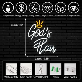 Horseneon God's Plan Neon Led Sign, God Neons Sign for Wall Decor, White Letter Neon Lights Signs with USB Powered for Bedroom, Living room, Wall Art Decoration