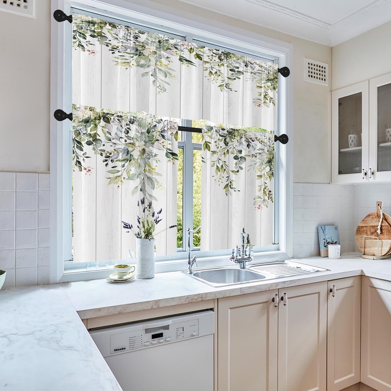 Emvency Eucalyptus Kitchen Window Curtains Valance and Tier Set 36