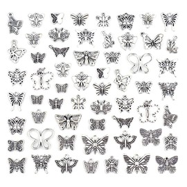 JIALEEY Butterfly Charms Beads Necklace Pendants DIY for Jewelry Making and Crafting, 60 PCS Tibetan Silver Plated Butterfly Charm, Alloy, alloy