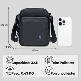 Bolsa Bandolera Pequeña para Hombre 2L K00688 – Bolso Cruzado Ligero y Compacto, Antirrobo y Resistente al Agua, con Múltiples Bolsillos – Regalo Ideal para Oficina, Negocios y Viajes – Negro