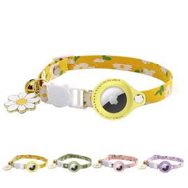 Airtag Cat Collar, Kitten Collar Breakaway with Leather Airtag Holder, Adjustable Cat GPS Tracker Collar, Bells & Flower Charm for Girl Cats Boy Cats Small Dogs (Yellow)