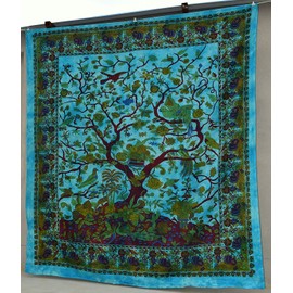 Popular Handicrafts Hippie Kaleidoscopic Tree Of Life Intricate Floral Design Indian Bedspread Tapestry 84x90 Inches,(215cmsx230cms) Turquoise