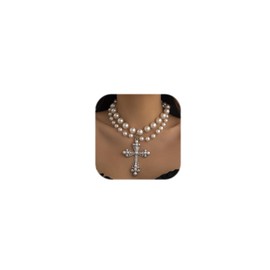 Pearl Cross Necklace Big Cross Necklace for Women Chunky Cross Necklaces Layered Pearl Beads Cross Pendant Necklaces Gothic Jewelry for Women (Double-Layer-silver)