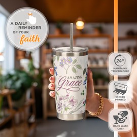 Christian Art Gifts Reusable Stainless Steel Travel Mug Tumbler w/Straw for Women: Amazing Grace, Cute Inspirational Double Wall Vacuum Insulated, Pop-up Lid, Hot/Cold, White & Purple Floral, 18 oz.