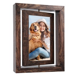 4x6 Rotating Floating Photo Frame - 360° Spinning Wooden Tabletop Display with HD Glass, Double-Sided for Horizontal or Vertical Orientation(Brown)