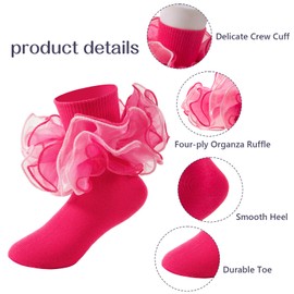 MKYSZLT Toddler Girls Ruffle Socks Girl Black Lace Frilly Dress Socks Turn Cuff Sock with Big Ruffles for Baby Little Kids (US, Age, 6 Years, 8 Years, 3 pairs - black,white,hot pink)